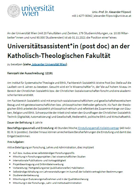 Ausschreibung Post Doc Wien